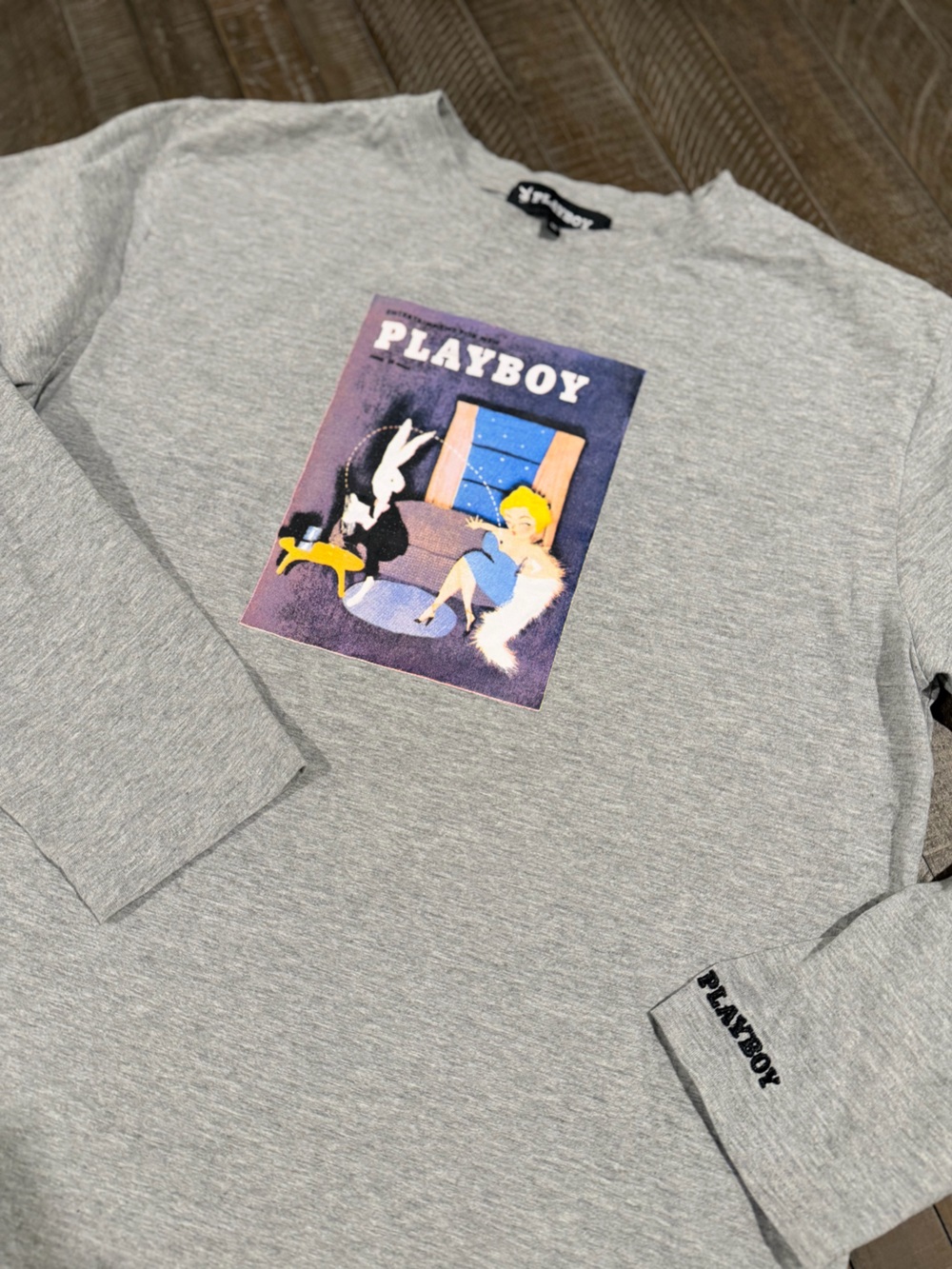PLAYBOY Grey Long Sleeve Tee with Colorful Retro Graphic